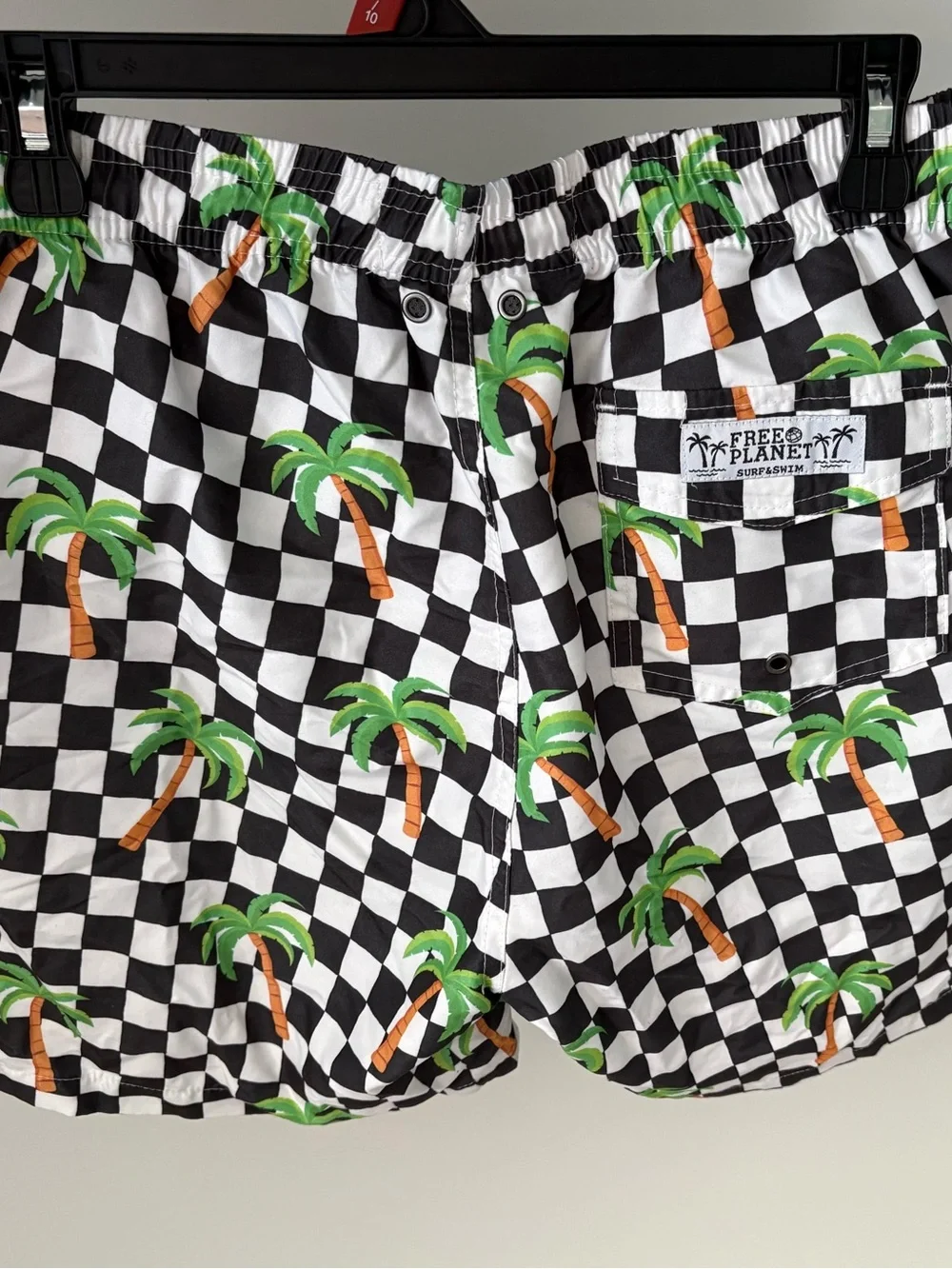 Free Planet Black & White Check Swim Shorts with Green Palm Print